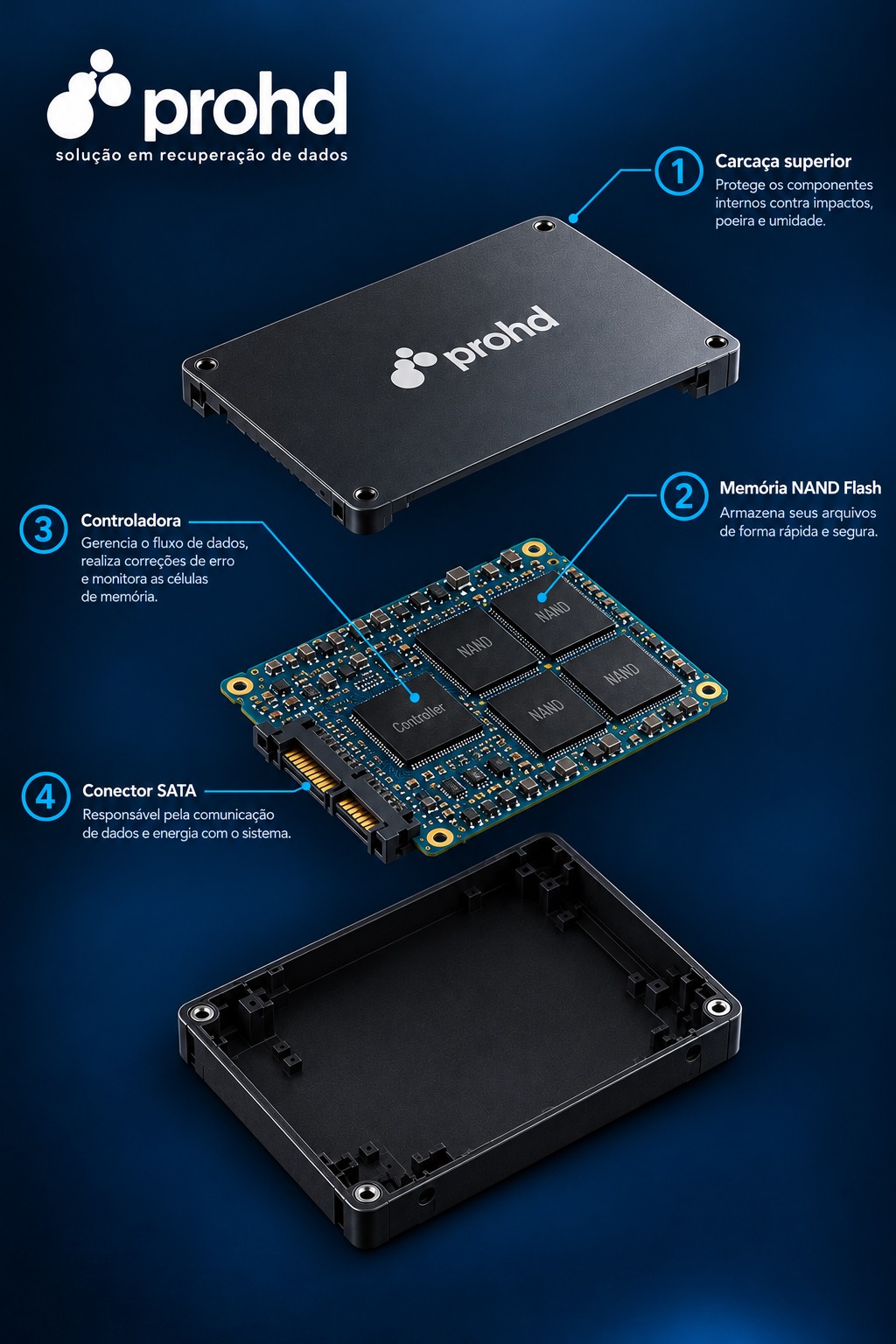 SSD aberto em bancada de laboratório, com controladora e chips de memória NAND à mostra